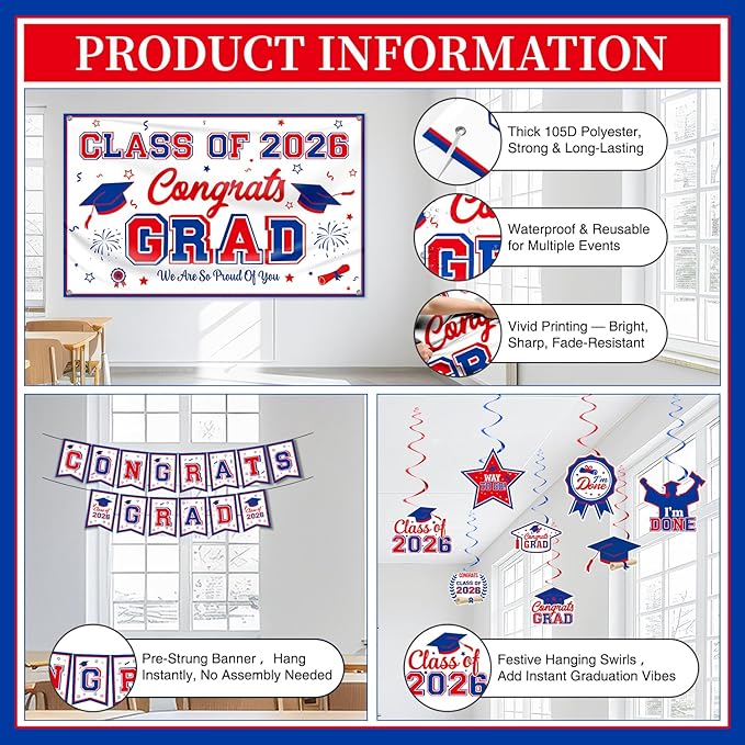 Graduation Decorations 2026 White Blue and Red Graduation Party Decor