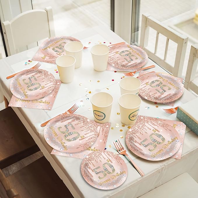 96 Pieces 50th Birthday Tableware Set for Pink Rose Gold 50th
