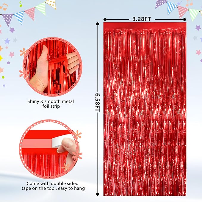 GCB 2 Pack Red Tinsel Backdrop, Fringe Curtains, Red Foil Tinsel