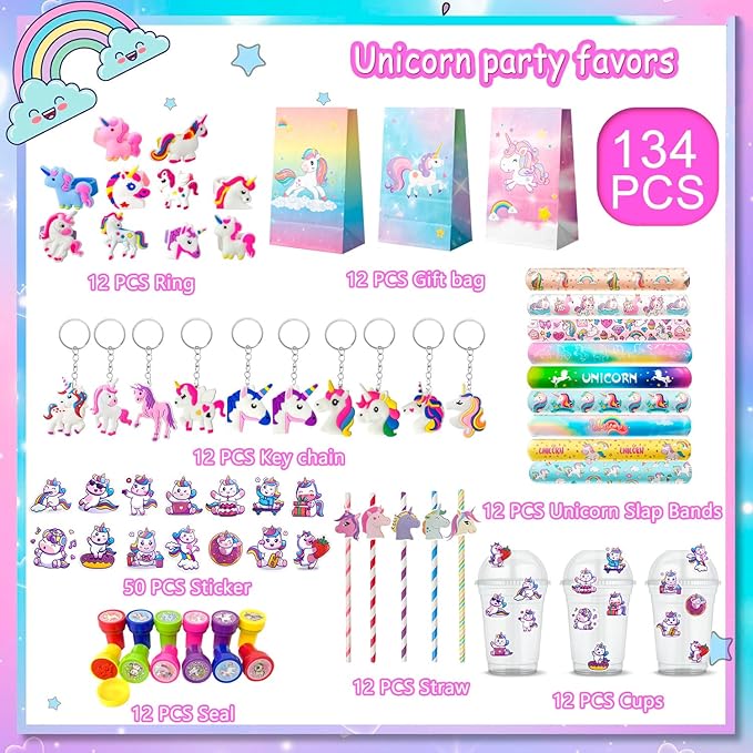 134pcs Unicorn Birthday Party Favors Set Unicorns Goodie Bags