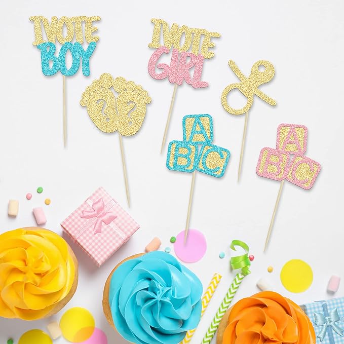 24Pcs Boy or Girl Cupcake Toppers Gender Reveal Cupcake Picks