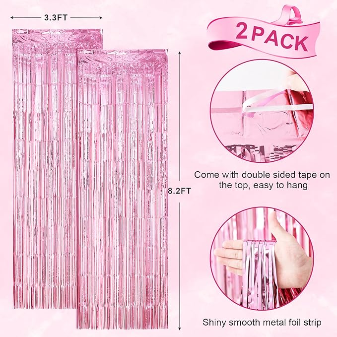 Voircoloria 2 Pack Light Pink Foil Fringe Backdrop Curtains, Tinsel