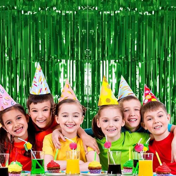 2 Pack Green Tinsel Curtain Party Backdrop, 3.2Ft x 8.2Ft Metallic