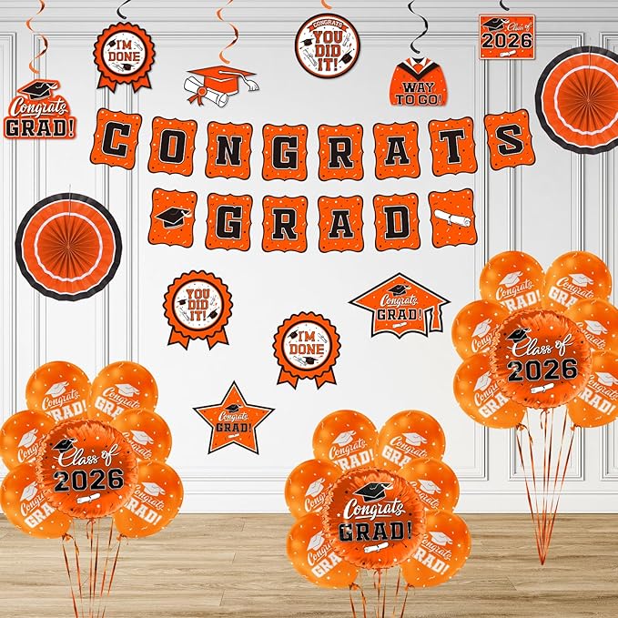 Orange Themed 2026 Graduation Decorations Set - Congrats Grad Banner,