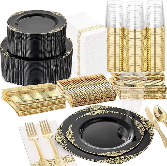 Nervure 350PCS Black Plastic Plates - Black Plastic Dinnerware Sets