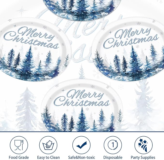 50Pcs Christmas Tree Oval Plates 10 x 12 Large Watercolor Winter