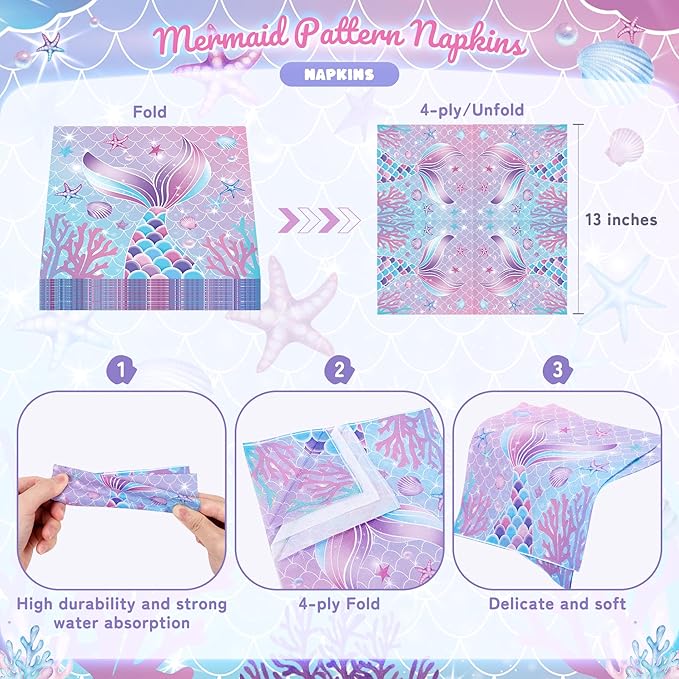 72PCS Mermaid Birthday Plates and Napkins Set of 24 Disposable Paper