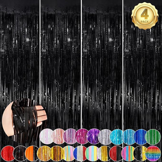 Black Metallic Tinsel Foil Fringe Curtains, 4 Pack 3.3x8.3 Feet Party