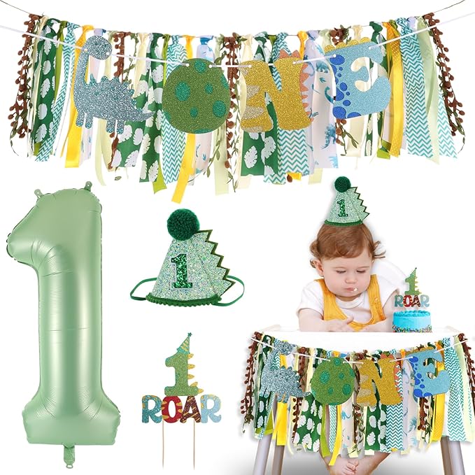 Dinosaur Highchair Banner for First Birthday Party Decorations Green