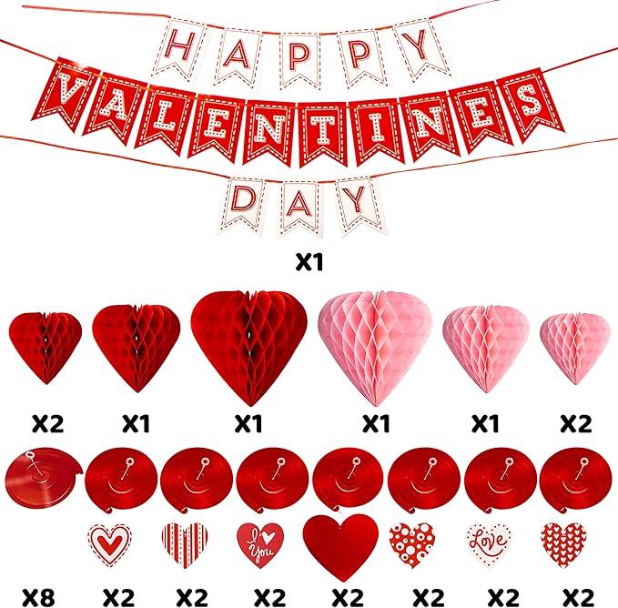 31 Pcs Valentines Day Swirl String Cutout Decoration Kit with Banner