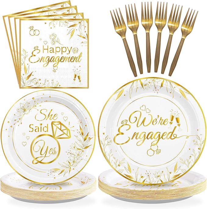96Pcs Happy Engagement Party Supplies White Gold Diamond Ring Plates