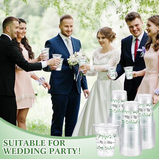 60 Pack Mr and Mrs Wedding Cups 12 oz Sage Green Eucalyptus