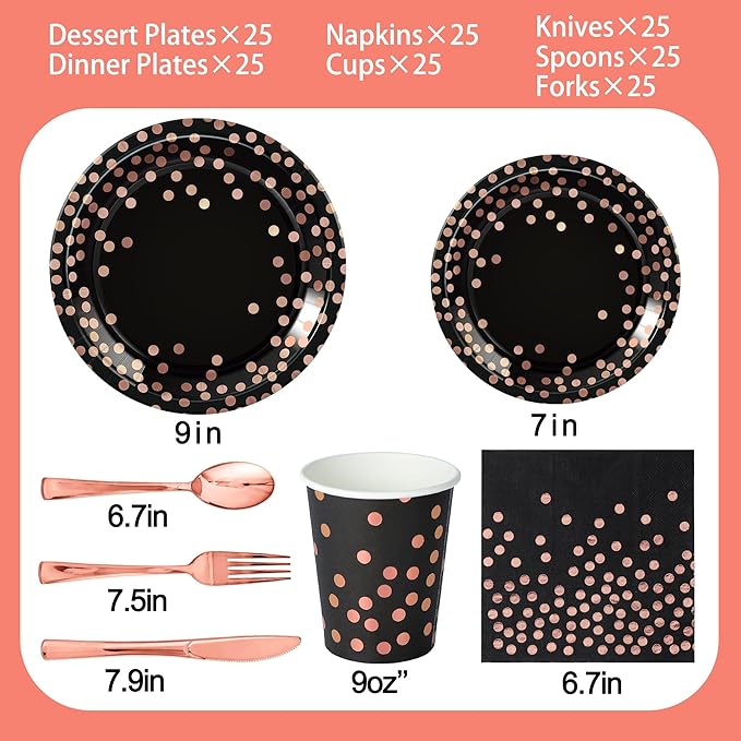 175PCS Black and Rose Gold Party Supplies,Rose Gold Dot on Black