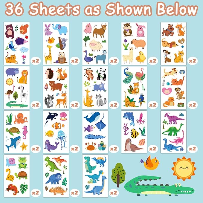 36 Sheets Temporary Tattoo, Animal Bear Tiger Elephant Panda Squirrel