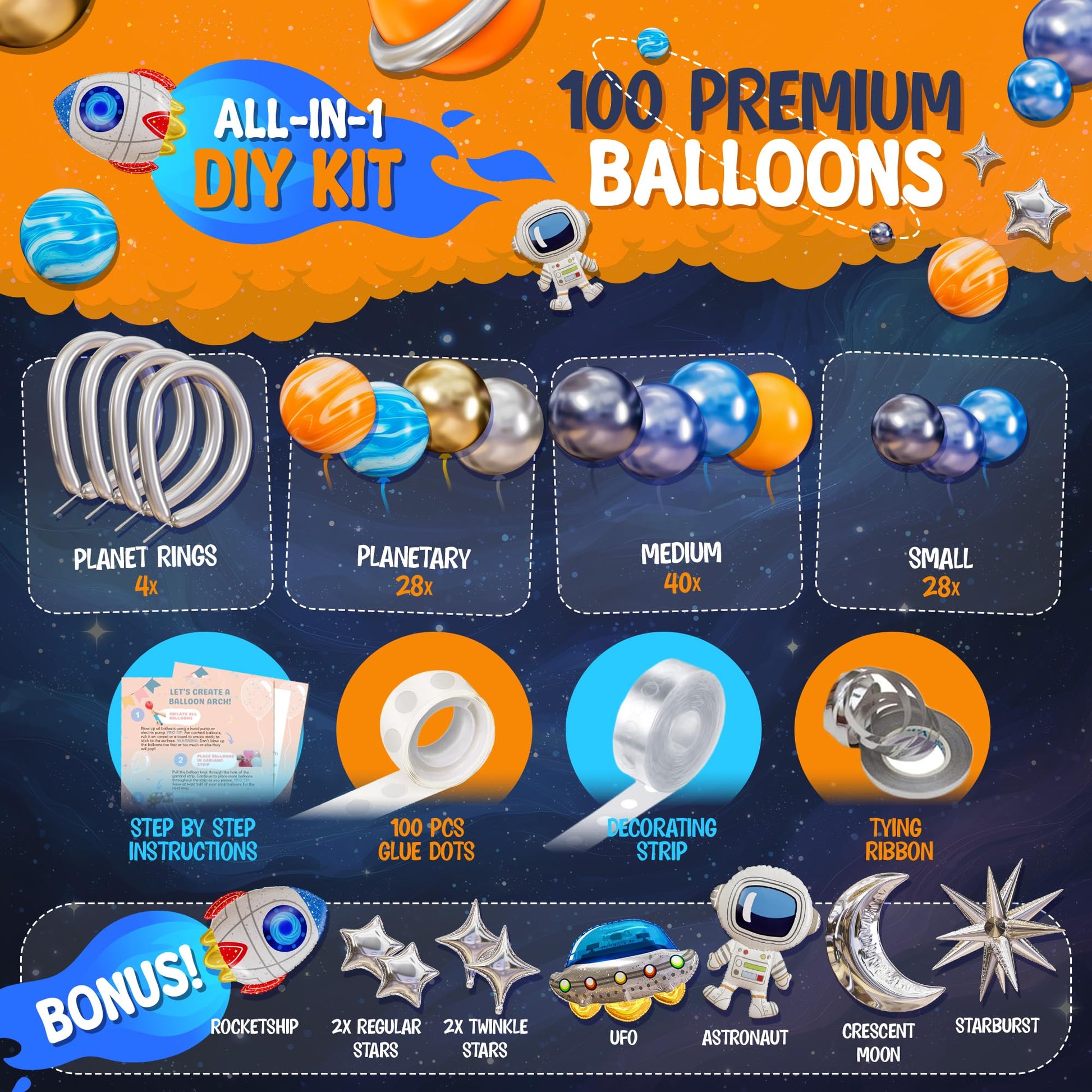 ALL-IN-1 Space Balloon Arch Kit with BONUS Specialty Foil Balloons for