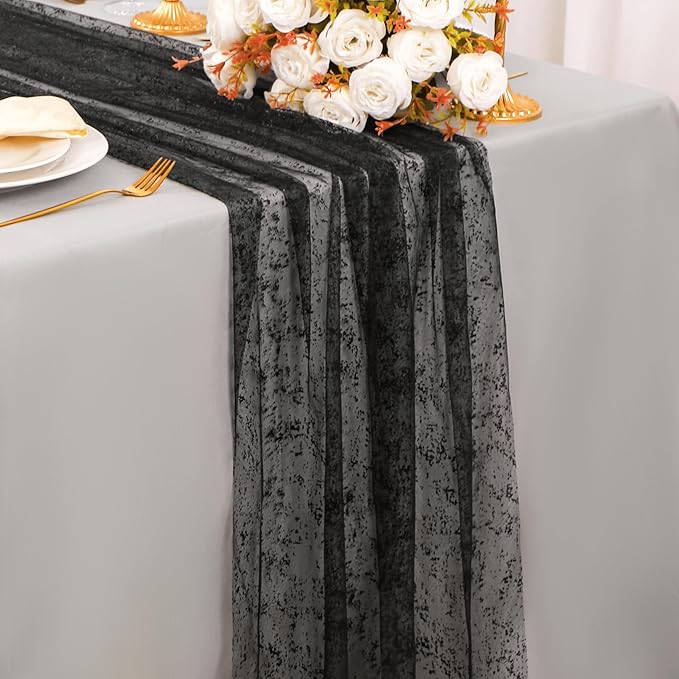 Snowkingdom Black Table Runner, 10FT Sheer Tulle Gauze Metallic Mesh