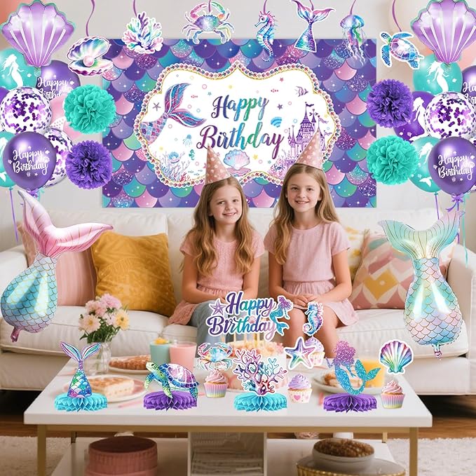Mermaid Birthday Decorations Includes Banner Backdrop Foil & Latex