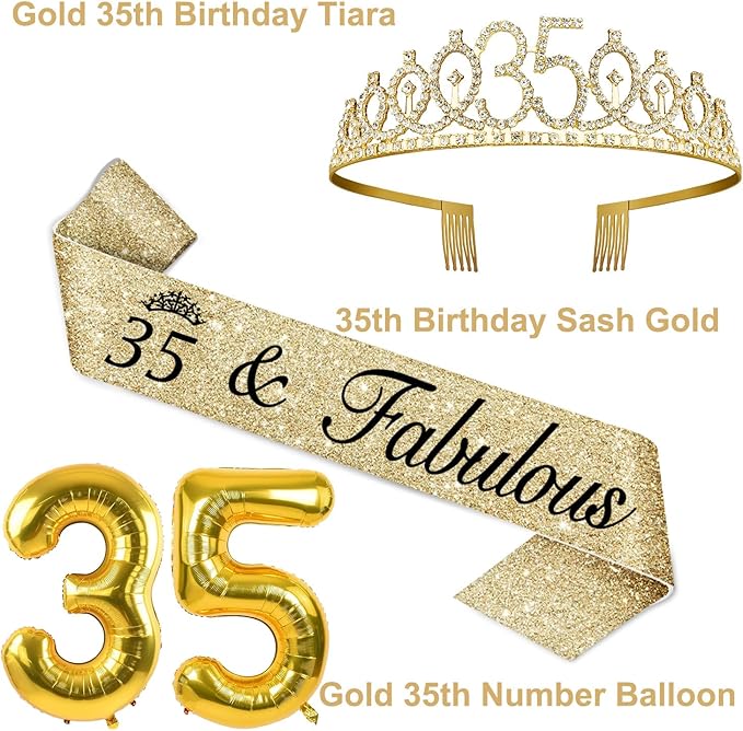 35th Birthday Decorations for Women Gold with 35th Birthday Sash and