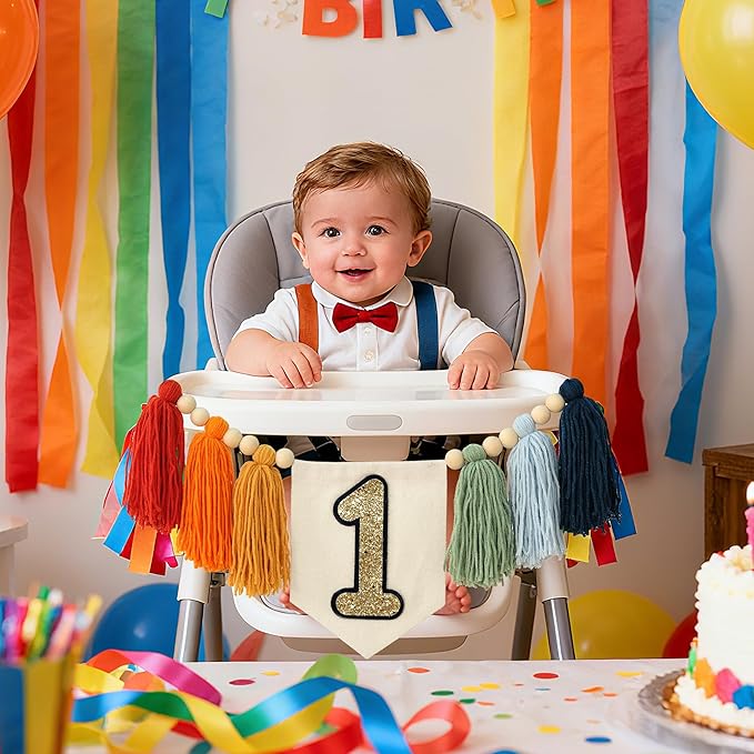 Handmade Rainbow 1st Birthday HighChair Banner Colorful Party