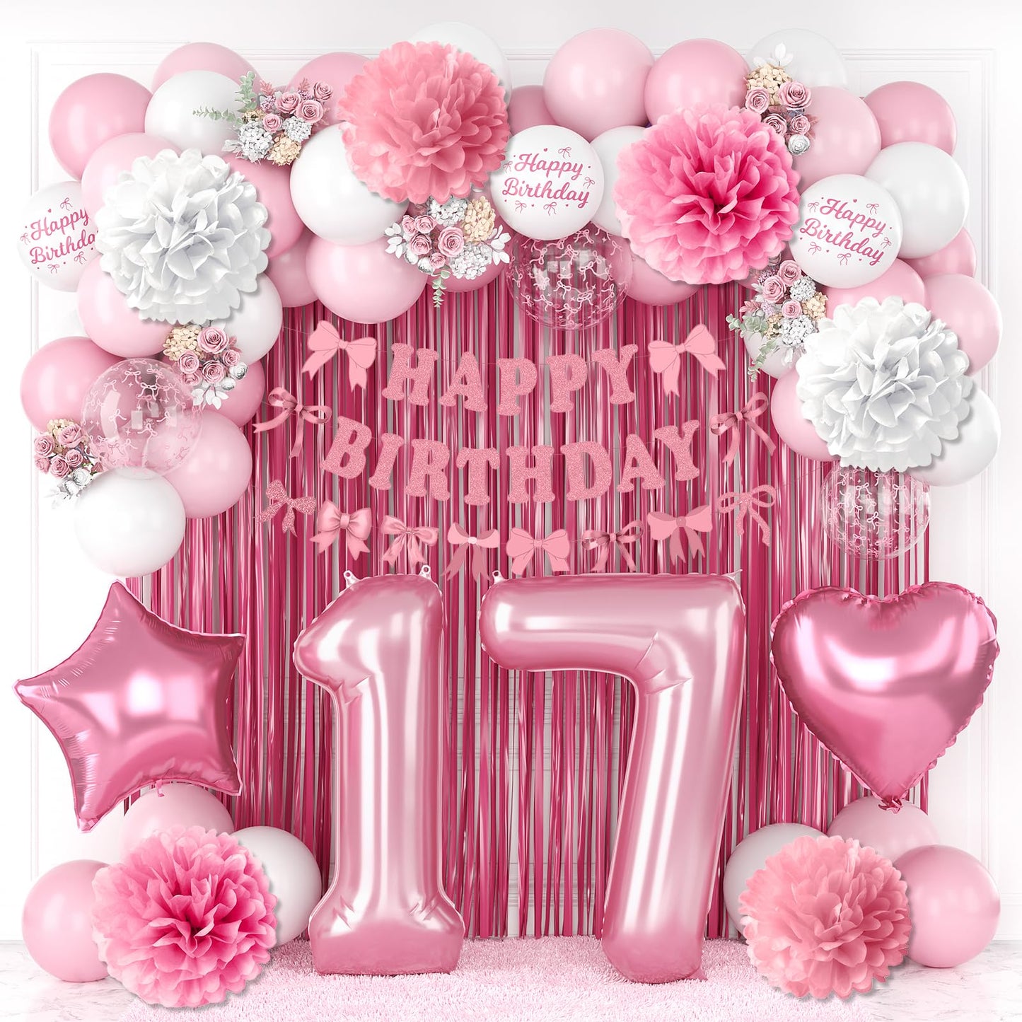 17th Birthday Decorations for Girls Pink Number 17 Balloon Bow