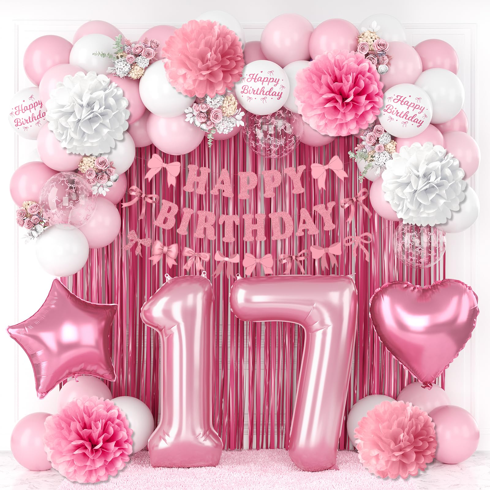 17th Birthday Decorations for Girls Pink Number 17 Balloon Bow