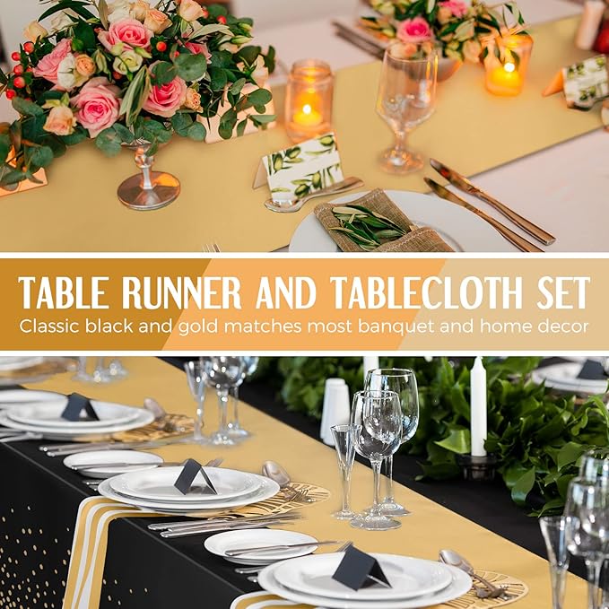 Breling 8 Pack New Year Black and Gold Disposable Plastic Tablecloths