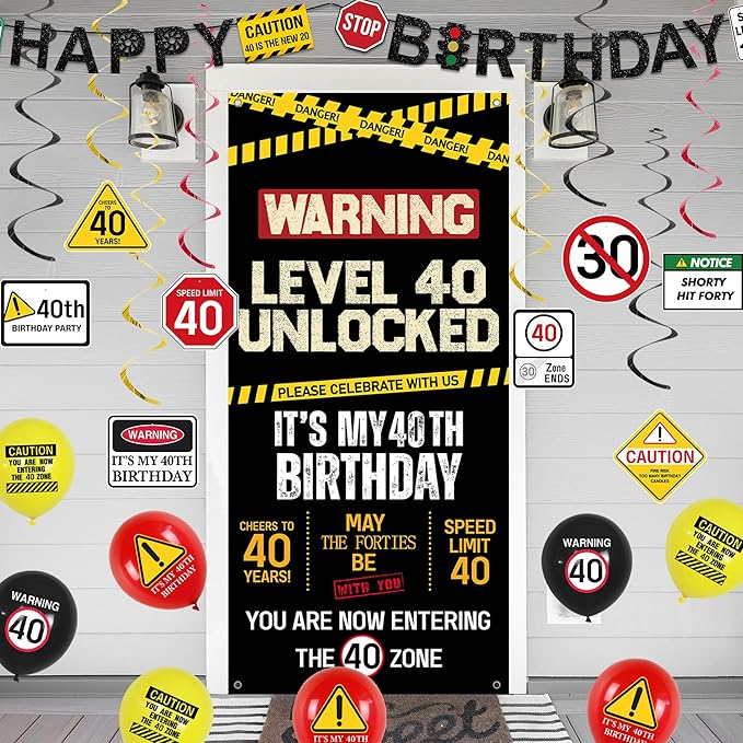 40th Birthday Decorations Men Women Caution Logo Level 40 Unlocked