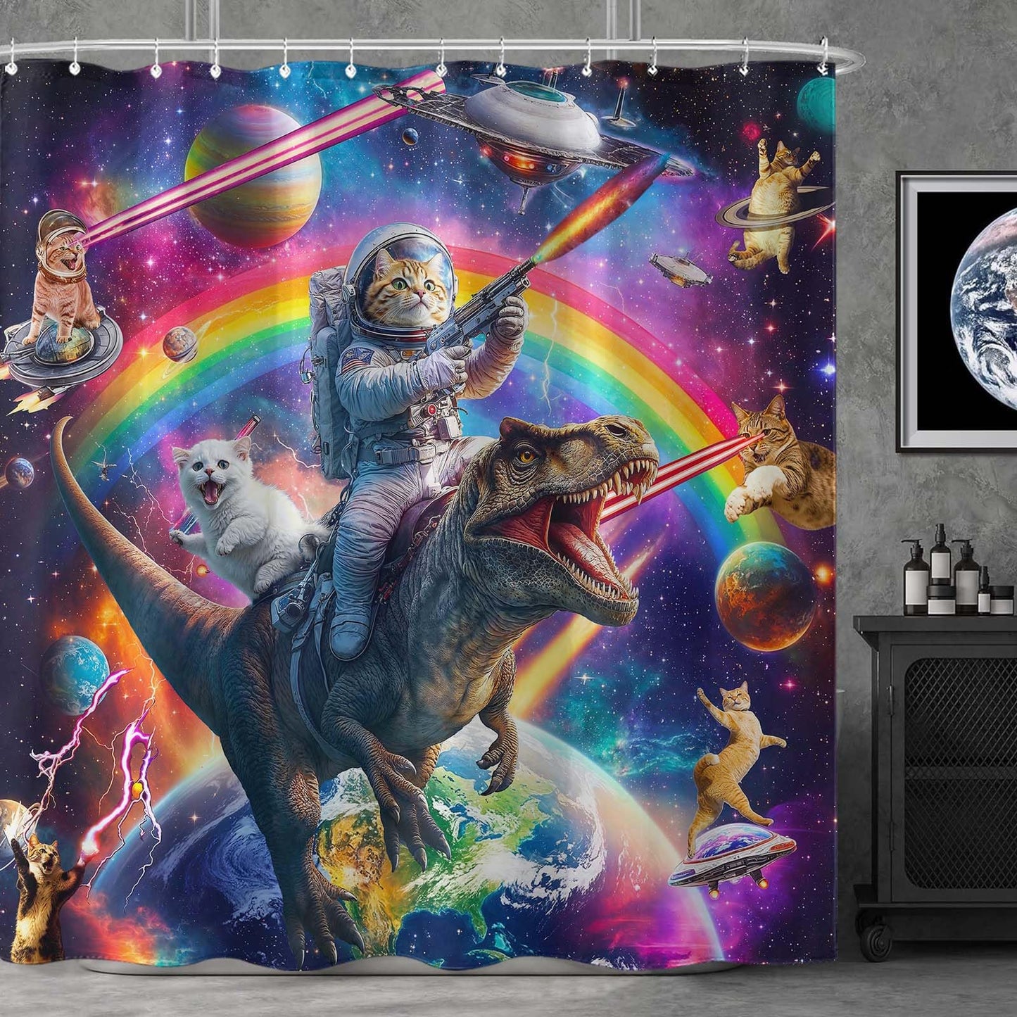 Fowocu Funny Cat Dinosaur Shower Curtain Fun Cool Colorful Space Cats