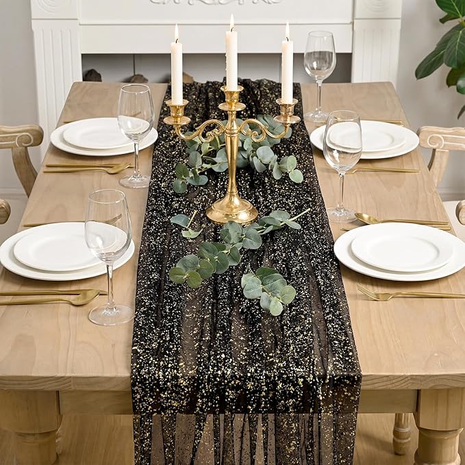 Artoid Mode Black Gold Gauze Table Runner 59x120 Inch 10FT, Glitter