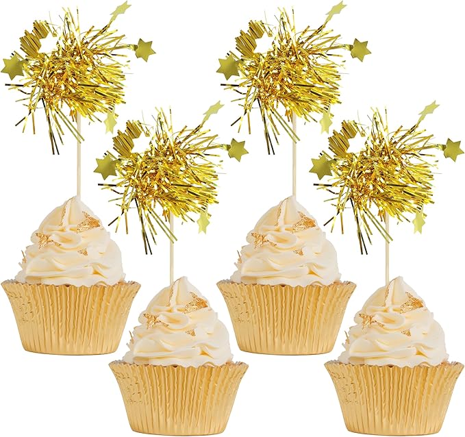 Gyufise 30Pcs Star Foil Firework Cupcake Toppers Sparkle Tinsel Cake