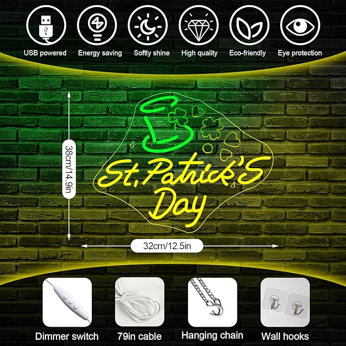 St Patricks Day Neon Sign Dimmable St Patrick's Day Neon Signs for