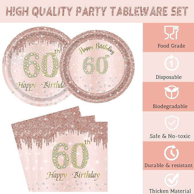 24 Sets 60th Rose Gold Birthday Party Decrations for Women 60