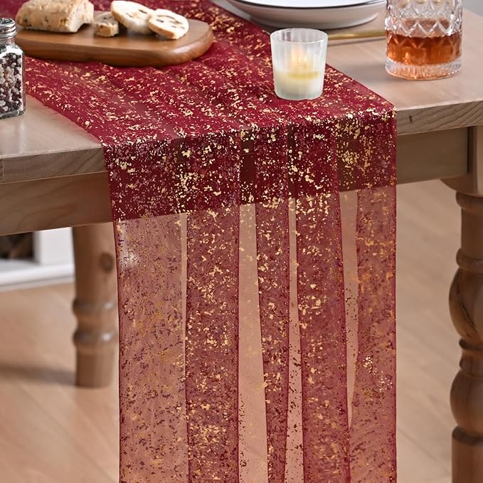 Artoid Mode Burgundy Gold Gauze Table Runner 120 Inch 10FT, Glitter