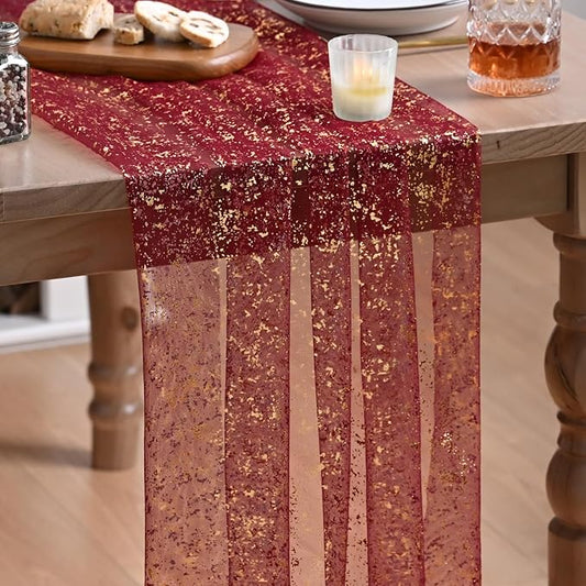 Artoid Mode Burgundy Gold Gauze Table Runner 120 Inch 10FT, Glitter