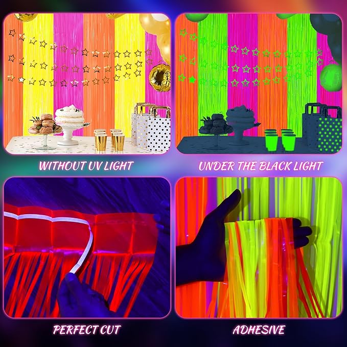 2 Pack Glow in The Dark Party Curtains Streamers, Neon Party