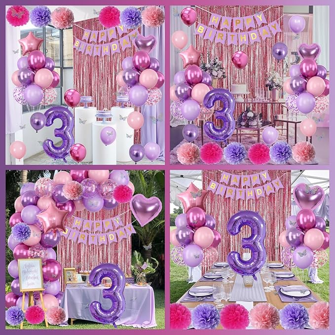 Pink Purple 3rd Birthday Party Decorations for Girls Number 3