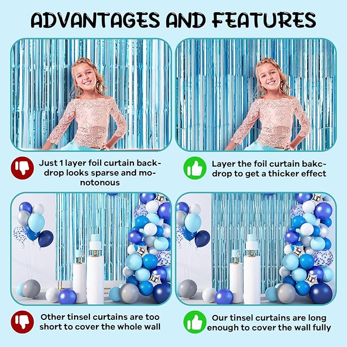 Voircoloria 2 Pack 3.3x8.2 Feet Light Blue Foil Fringe Backdrop