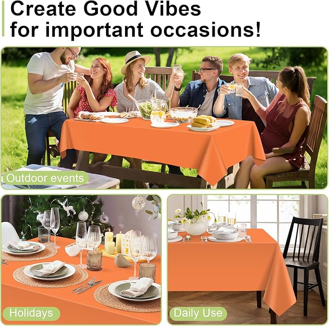 QIKSION Orange Plastic Table Cloth Disposable 12 Pack, 54 x 108 Inch