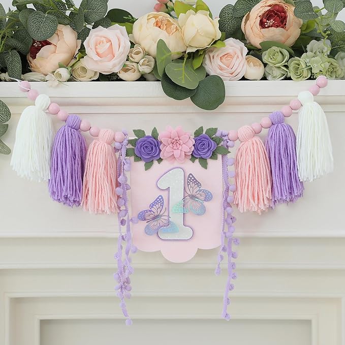 Handmade Butterfly Wildflower 1st Birthday High Chair Banner Purple