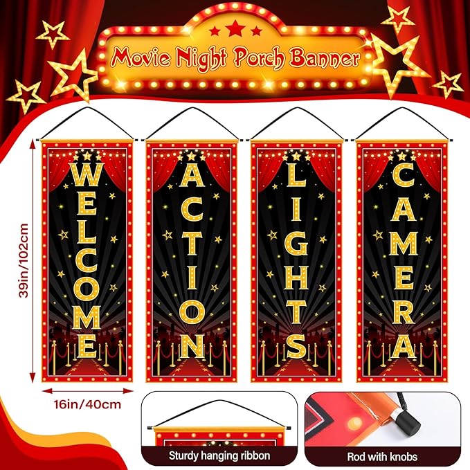 4 Pcs Movie Night Porch Banner Movie Themed Party Decorations