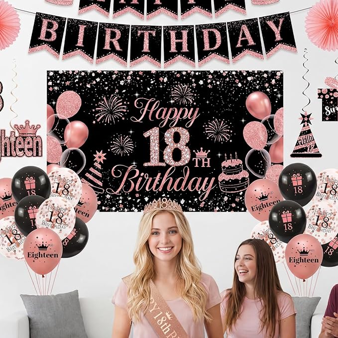 18th Birthday Decorations for Girls Her 52Pcs Black Rose Gold Party