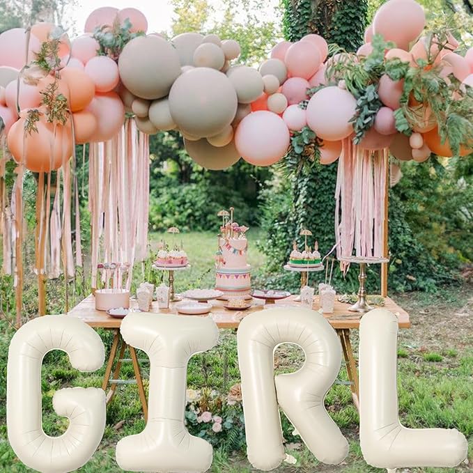 40 Inch Cream Girl Balloons, Large Beige Neutral Letters With Ribbon,