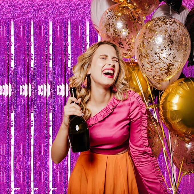 2 Pack 3.2ft x 8.2ft Hot Pink Metallic Tinsel Foil Fringe Curtains,