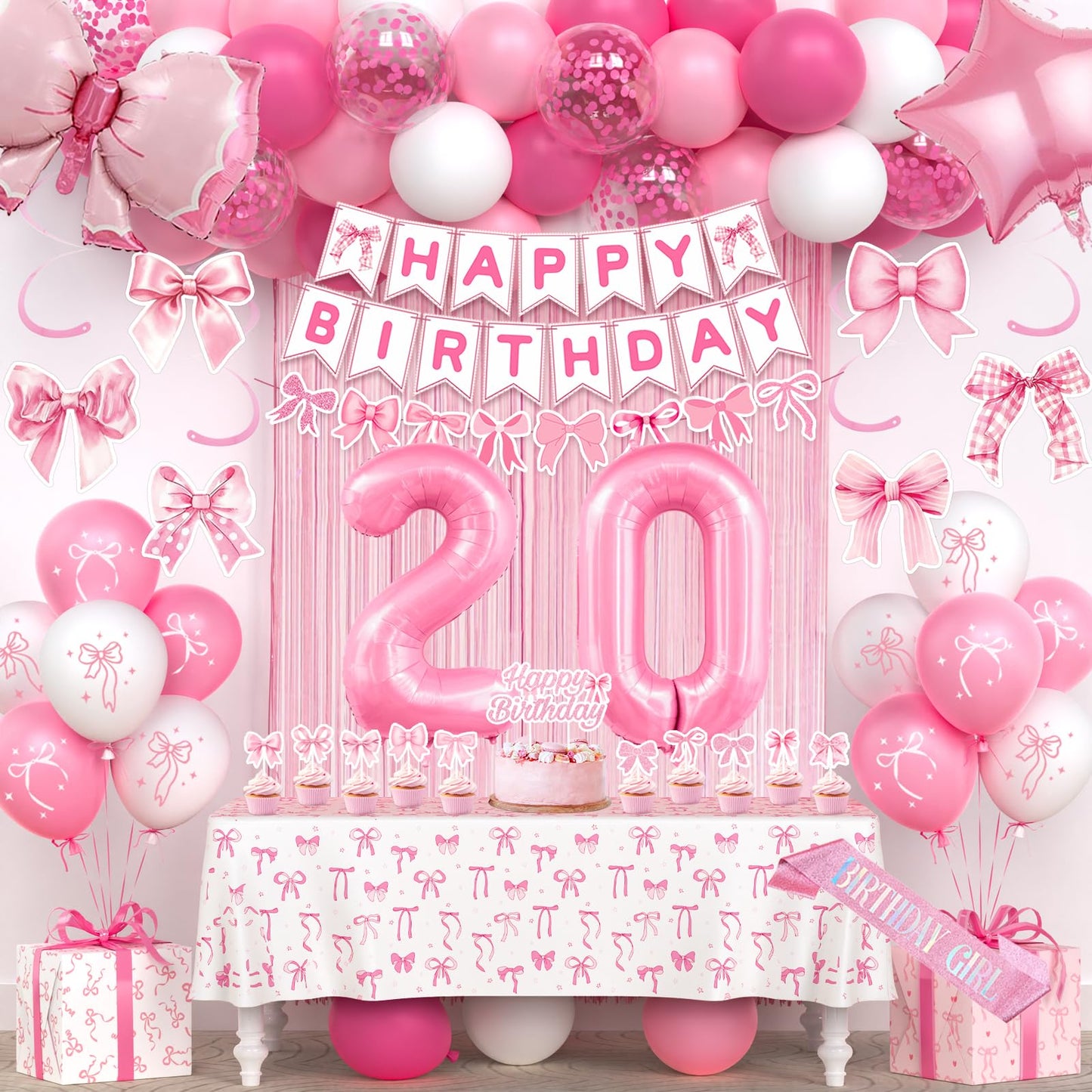 20th Pink Birthday Decorations for Women, Pink Bow Coquette Birthday