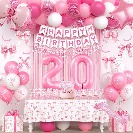 20th Pink Birthday Decorations for Women, Pink Bow Coquette Birthday