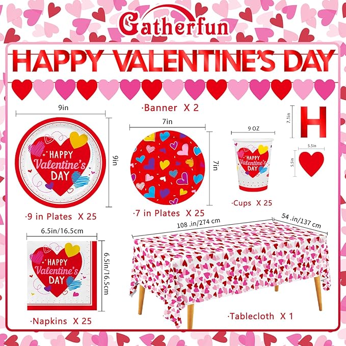 Valentine's Day Party Supplies Set for 25 Elegant Disposable Paper