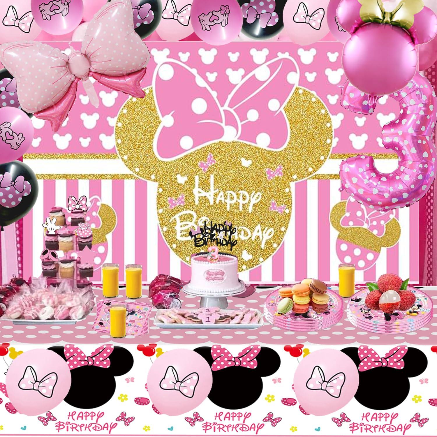 Pink Mouse 3rd Birthday Party Supplies, Three Years Old Girl Bow Party