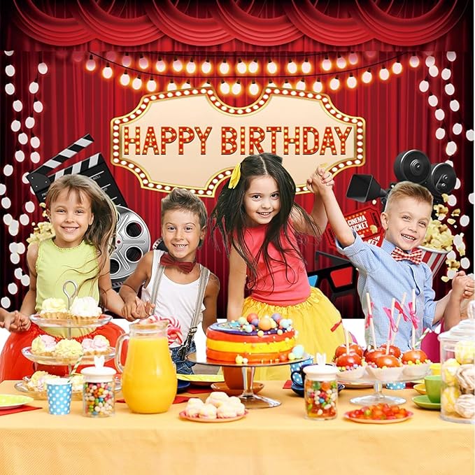 10x6.5ft Movie Night Birthday Backdrop Red Curtain Popcorn Film Reel
