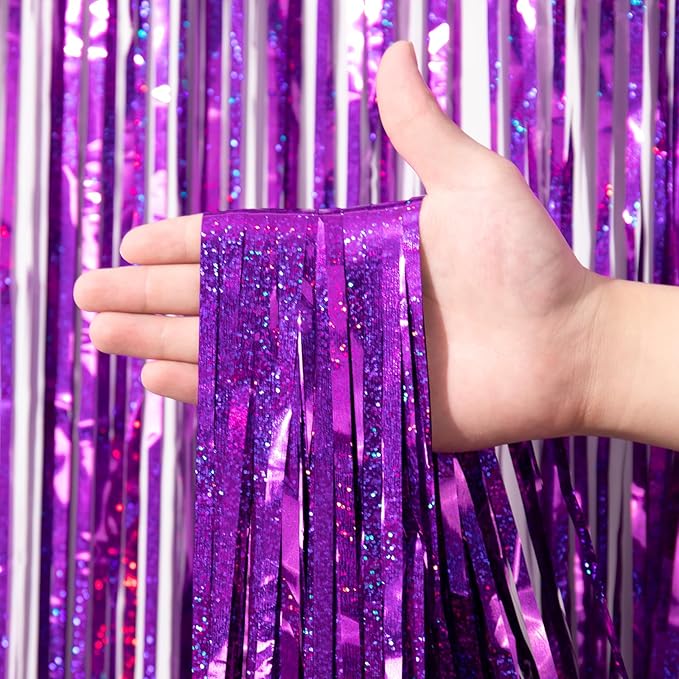 Voircoloria 3 Pack 3.3 x 8.2 ft Laser Purple Foil Fringe Backdrop