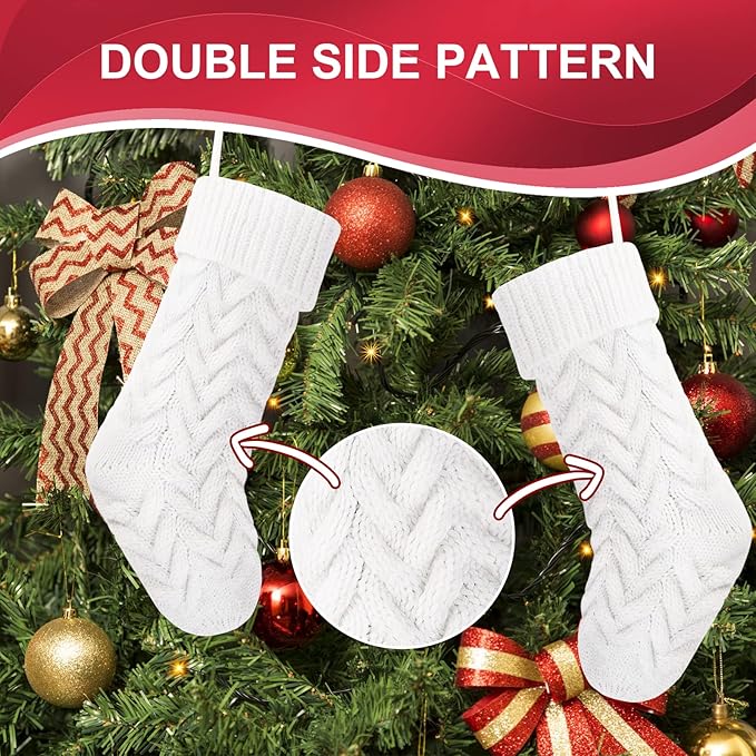 Christmas Stockings, 18 Inch White Cable Knitted Stockings for Xmas